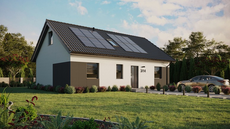ERDOL 3 - Version Rechts (Wohnzimmer auf der rechten Seite) - Satteldach mit ausgebautem Dachboden -Dachneigung  35 Grad - Dachfenster für Zimmer und Badezimmer - Standard - Styropor, Netz, Kleber - Anthrazit - Photovoltaik-Installation 4,8 kWp (12 Paneele)