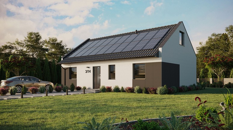 ERDOL 3 - Version Links (Wohnzimmer auf der linken Seite) - Modernes Satteldach mit ausgebautem Dachboden -Dachneigung  35 Grad - Keine Dachfenster - Standard - Styropor, Netz, Kleber - Anthrazit - Photovoltaik-Installation 8 kWp (20 Paneele)