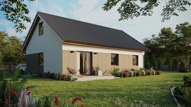 ERDOL 3 - Version Rechts (Wohnzimmer auf der rechten Seite) - Satteldach mit ausgebautem Dachboden -Dachneigung  35 Grad - Keine Dachfenster - Standard - Styropor, Netz, Kleber - Goldene Eiche - Ohne