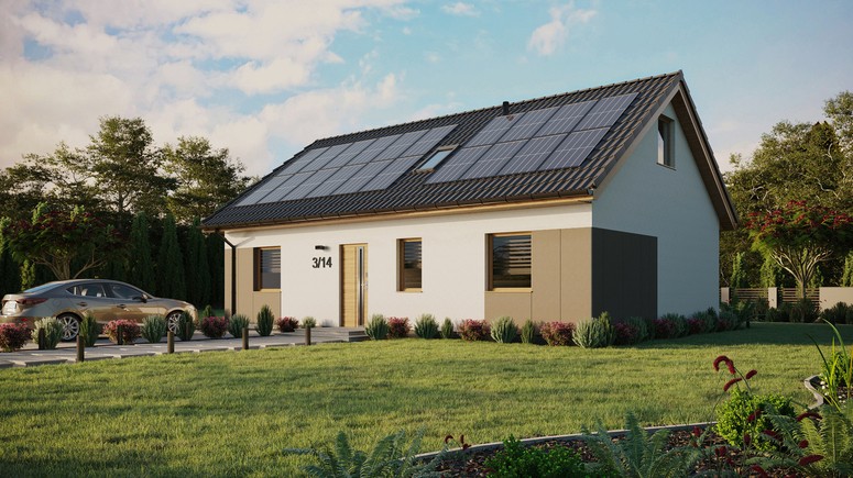 ERDOL 3 - Version Links (Wohnzimmer auf der linken Seite) - Satteldach mit ausgebautem Dachboden -Dachneigung  35 Grad - Zwei Zimmer-Dachfenster und ein Badezimmer-Dachfenster - Standard - Styropor, Netz, Kleber - Winchester - Photovoltaik-Installation 8 kWp (20 Paneele)