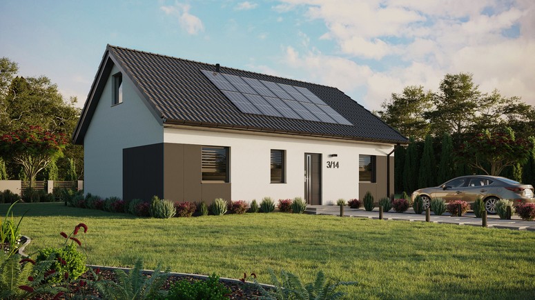 ERDOL 3 - Version Rechts (Wohnzimmer auf der rechten Seite) - Satteldach mit ausgebautem Dachboden -Dachneigung  35 Grad - Keine Dachfenster - Standard - Styropor, Netz, Kleber - Anthrazit - Photovoltaik-Installation 4,8 kWp (12 Paneele)
