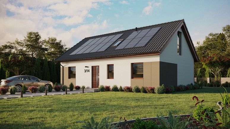 ERDOL 3 - Version Links (Wohnzimmer auf der linken Seite) - Satteldach mit ausgebautem Dachboden -Dachneigung  35 Grad - Dachfenster für Zimmer und Badezimmer - Bodentiefes Fenster im Dachgeschoss - Styropor, Netz, Kleber - Nusbaum - Photovoltaik-Installation 6,4 kWp (16 Paneele)
