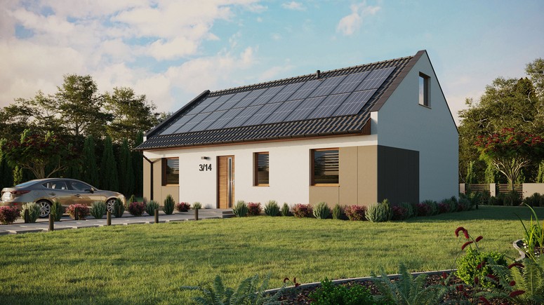ERDOL 3 - Version Links (Wohnzimmer auf der linken Seite) - Modernes Satteldach mit ausgebautem Dachboden -Dachneigung  35 Grad - Keine Dachfenster - Standard - Styropor, Netz, Kleber - Goldene Eiche - Photovoltaik-Installation 8 kWp (20 Paneele)