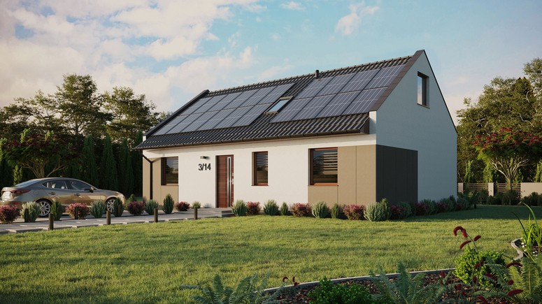 ERDOL 3 - Version Links (Wohnzimmer auf der linken Seite) - Modernes Satteldach mit ausgebautem Dachboden -Dachneigung  35 Grad - Zwei Zimmer-Dachfenster und ein Badezimmer-Dachfenster - Standard - Styropor, Netz, Kleber - Nusbaum - Photovoltaik-Installation 8 kWp (20 Paneele)