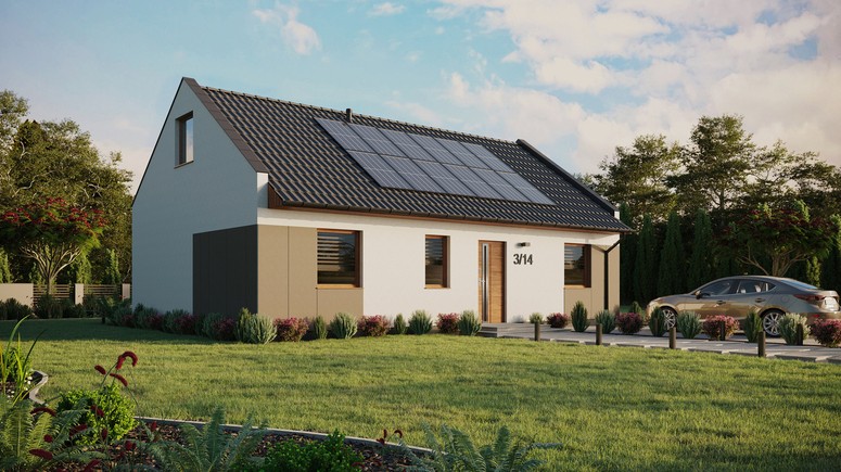 ERDOL 3 - Version Rechts (Wohnzimmer auf der rechten Seite) - Modernes Satteldach mit ausgebautem Dachboden -Dachneigung  35 Grad - Keine Dachfenster - Standard - Styropor, Netz, Kleber - Goldene Eiche - Photovoltaik-Installation 4,8 kWp (12 Paneele)