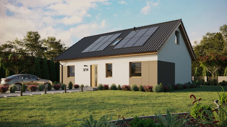 ERDOL 3 - Version Links (Wohnzimmer auf der linken Seite) - Satteldach mit ausgebautem Dachboden -Dachneigung  35 Grad - Dachfenster für Zimmer und Badezimmer - Standard - Styropor, Netz, Kleber - Winchester - Photovoltaik-Installation 4,8 kWp (12 Paneele)