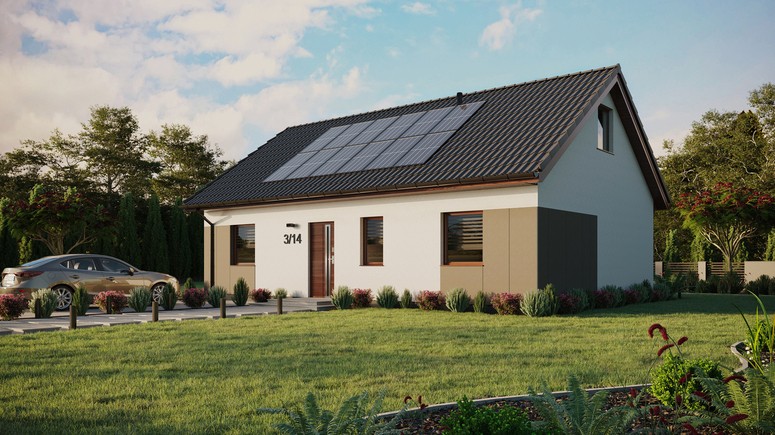 ERDOL 3 - Version Links (Wohnzimmer auf der linken Seite) - Satteldach mit ausgebautem Dachboden -Dachneigung  35 Grad - Keine Dachfenster - Standard - Styropor, Netz, Kleber - Nusbaum - Photovoltaik-Installation 4,8 kWp (12 Paneele)