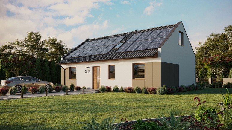 ERDOL 3 - Version Links (Wohnzimmer auf der linken Seite) - Modernes Satteldach mit ausgebautem Dachboden -Dachneigung  35 Grad - Zwei Zimmer-Dachfenster und ein Badezimmer-Dachfenster - Standard - Styropor, Netz, Kleber - Goldene Eiche - Photovoltaik-Installation 8 kWp (20 Paneele)