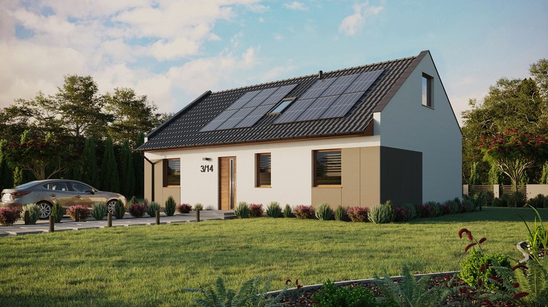 ERDOL 3 - Version Links (Wohnzimmer auf der linken Seite) - Modernes Satteldach mit ausgebautem Dachboden -Dachneigung  35 Grad - Zwei Zimmer-Dachfenster und ein Badezimmer-Dachfenster - Standard - Styropor, Netz, Kleber - Goldene Eiche - Photovoltaik-Installation 4,8 kWp (12 Paneele)