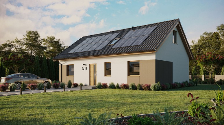 ERDOL 3 - Version Links (Wohnzimmer auf der linken Seite) - Satteldach mit ausgebautem Dachboden -Dachneigung  35 Grad - Dachfenster für Zimmer und Badezimmer - Standard - Styropor, Netz, Kleber - Winchester - Photovoltaik-Installation 6,4 kWp (16 Paneele)
