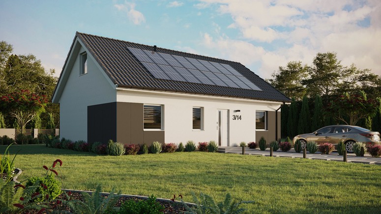 ERDOL 3 - Version Rechts (Wohnzimmer auf der rechten Seite) - Satteldach mit ausgebautem Dachboden -Dachneigung  35 Grad - Zwei-Zimmer-Dachfenster - Standard - Styropor, Netz, Kleber - Weiß - Photovoltaik-Installation 6,4 kWp (16 Paneele)