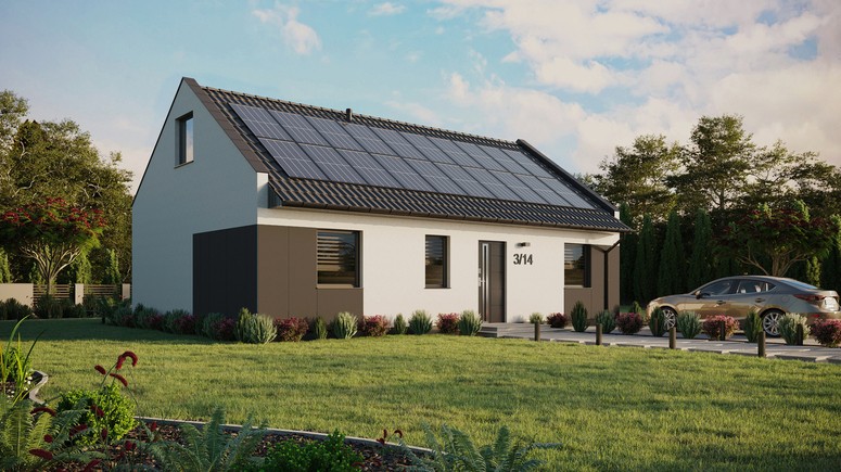 ERDOL 3 - Version Rechts (Wohnzimmer auf der rechten Seite) - Modernes Satteldach mit ausgebautem Dachboden -Dachneigung  35 Grad - Keine Dachfenster - Standard - Styropor, Netz, Kleber - Anthrazit - Photovoltaik-Installation 8 kWp (20 Paneele)