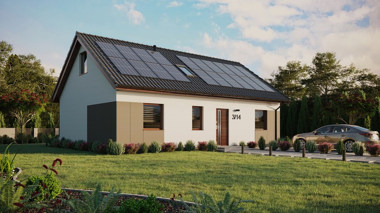 ERDOL 3 - Version Rechts (Wohnzimmer auf der rechten Seite) - Satteldach mit ausgebautem Dachboden -Dachneigung  35 Grad - Dachfenster für Zimmer und Badezimmer - Balkontür im Esszimmer - Styropor, Netz, Kleber - Nusbaum - Photovoltaik-Installation 8 kWp (20 Paneele)