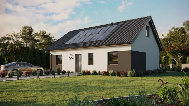 ERDOL 3 - Version Links (Wohnzimmer auf der linken Seite) - Satteldach mit ausgebautem Dachboden -Dachneigung  35 Grad - Keine Dachfenster - Standard - Styropor, Netz, Kleber - Anthrazit - Photovoltaik-Installation 4,8 kWp (12 Paneele)