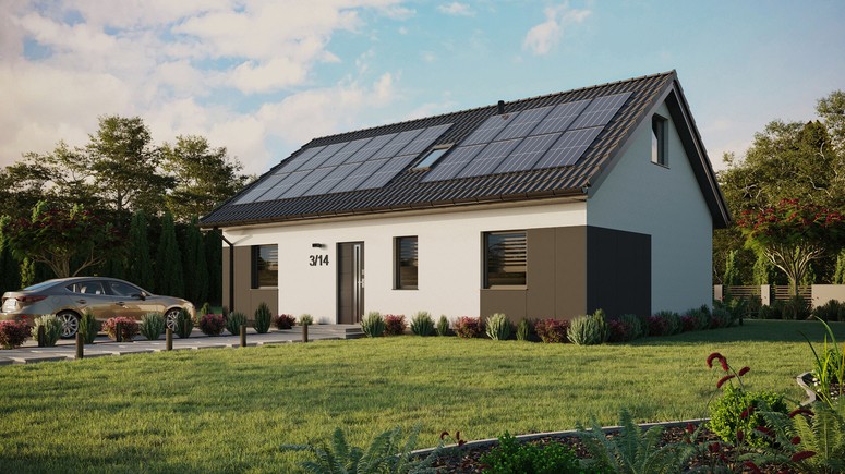 ERDOL 3 - Version Links (Wohnzimmer auf der linken Seite) - Satteldach mit ausgebautem Dachboden -Dachneigung  35 Grad - Dachfenster für Zimmer und Badezimmer - Standard - Styropor, Netz, Kleber - Anthrazit - Photovoltaik-Installation 8 kWp (20 Paneele)