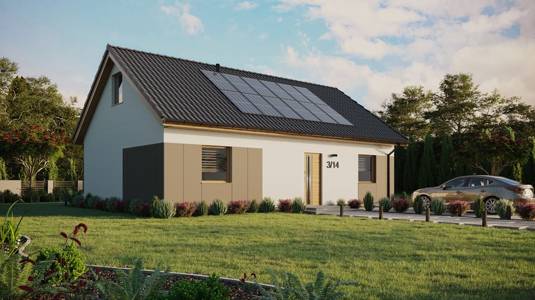 ERDOL 2 XL - Version Rechts (Wohnzimmer auf der rechten Seite) - Satteldach mit ausgebautem Dachboden -Dachneigung  35 Grad - Zwei-Zimmer-Dachfenster - Standard - Styropor, Netz, Kleber - Winchester - Photovoltaik-Installation 4,8 kWp (12 Paneele)