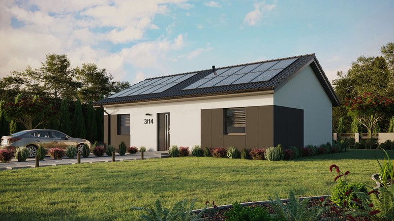 ERDOL 2 XL - Version Links (Wohnzimmer auf der linken Seite) - Satteldach ohne ausgebautem Dachboden -Dachneigung  25 Grad - Keine Dachfenster - Balkontür im Esszimmer - Styropor, Netz, Kleber - Anthrazit - Photovoltaik-Installation 8 kWp (20 Paneele)