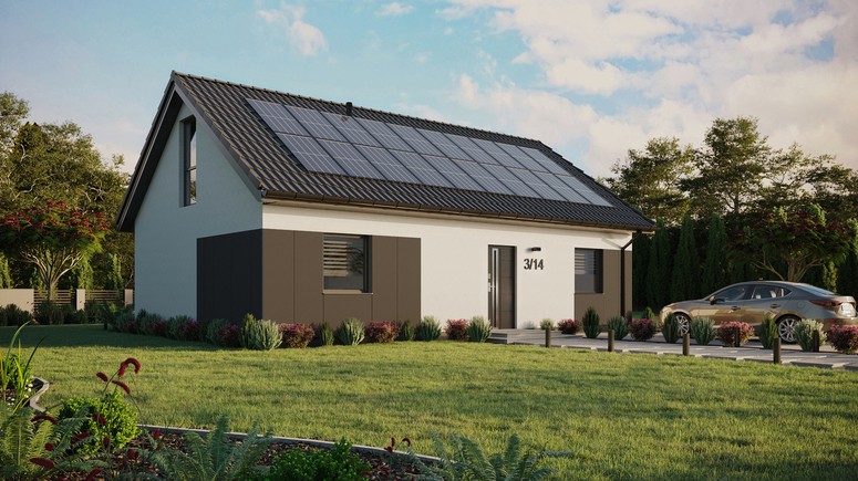 ERDOL 2 XL - Version Rechts (Wohnzimmer auf der rechten Seite) - Satteldach mit ausgebautem Dachboden -Dachneigung  35 Grad - Zwei Zimmer-Dachfenster und ein Badezimmer-Dachfenster - Bodentiefes Fenster im Dachgeschoss - Styropor, Netz, Kleber - Anthrazit - Photovoltaik-Installation 8 kWp (20 Paneele)