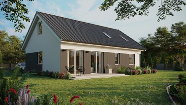 ERDOL 2 XL - Version Rechts (Wohnzimmer auf der rechten Seite) - Satteldach mit ausgebautem Dachboden -Dachneigung  35 Grad - Dachfenster für Zimmer und Badezimmer - Standard - Styropor, Netz, Kleber - Weiß - Ohne