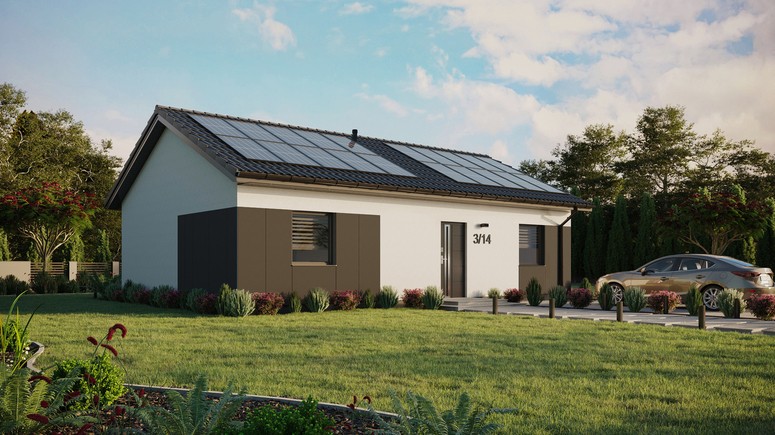 ERDOL 2 XL - Version Rechts (Wohnzimmer auf der rechten Seite) - Satteldach ohne ausgebautem Dachboden -Dachneigung  25 Grad - Keine Dachfenster - Standard - Styropor, Netz, Kleber - Anthrazit - Photovoltaik-Installation 8 kWp (20 Paneele)