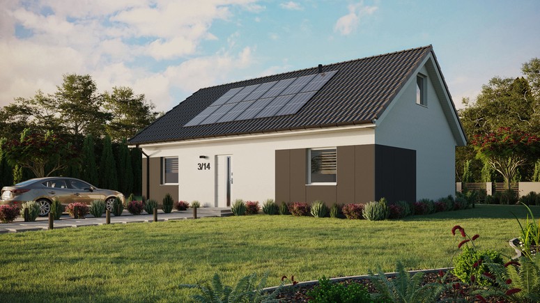 ERDOL 2 XL - Version Links (Wohnzimmer auf der linken Seite) - Satteldach mit ausgebautem Dachboden -Dachneigung  35 Grad - Zwei-Zimmer-Dachfenster - Standard - Styropor, Netz, Kleber - Weiß - Photovoltaik-Installation 4,8 kWp (12 Paneele)