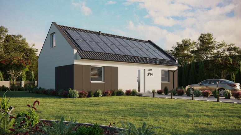 ERDOL 2 XL - Version Rechts (Wohnzimmer auf der rechten Seite) - Modernes Satteldach mit ausgebautem Dachboden -Dachneigung  35 Grad - Keine Dachfenster - Standard - Styropor, Netz, Kleber - Weiß - Photovoltaik-Installation 8 kWp (20 Paneele)