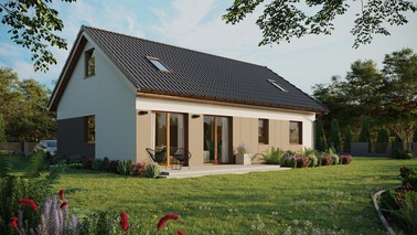 ERDOL 2 XL - Version Rechts (Wohnzimmer auf der rechten Seite) - Satteldach mit ausgebautem Dachboden -Dachneigung  35 Grad - Zwei-Zimmer-Dachfenster - Standard - Styropor, Netz, Kleber - Goldene Eiche - Ohne