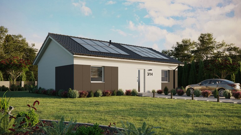 ERDOL 2 XL - Version Rechts (Wohnzimmer auf der rechten Seite) - Satteldach ohne ausgebautem Dachboden -Dachneigung  25 Grad - Keine Dachfenster - Standard - Styropor, Netz, Kleber - Weiß - Photovoltaik-Installation 6,4 kWp (16 Paneele)