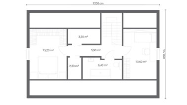 ERDOL 2 XL - Version Rechts (Wohnzimmer auf der rechten Seite) - Treppe in Treppenhaus - Dachgeschossausbau - Beispielvorschlag