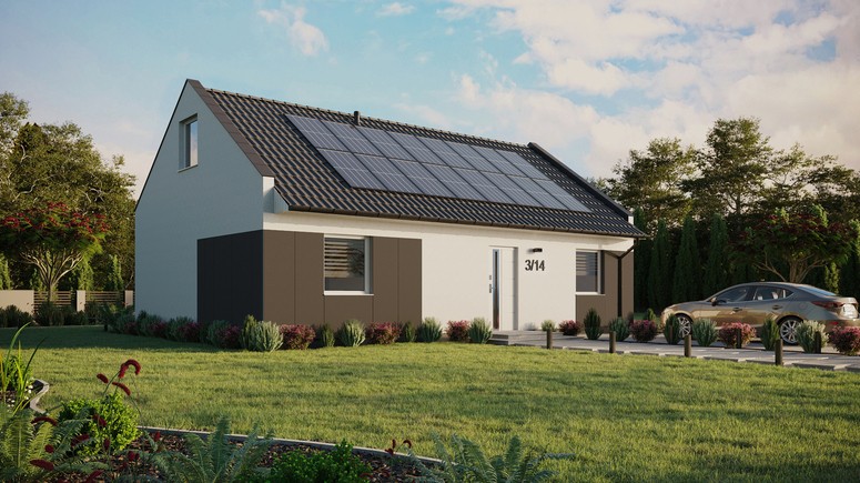 ERDOL 2 XL - Version Rechts (Wohnzimmer auf der rechten Seite) - Modernes Satteldach mit ausgebautem Dachboden -Dachneigung  35 Grad - Keine Dachfenster - Standard - Styropor, Netz, Kleber - Weiß - Photovoltaik-Installation 6,4 kWp (16 Paneele)