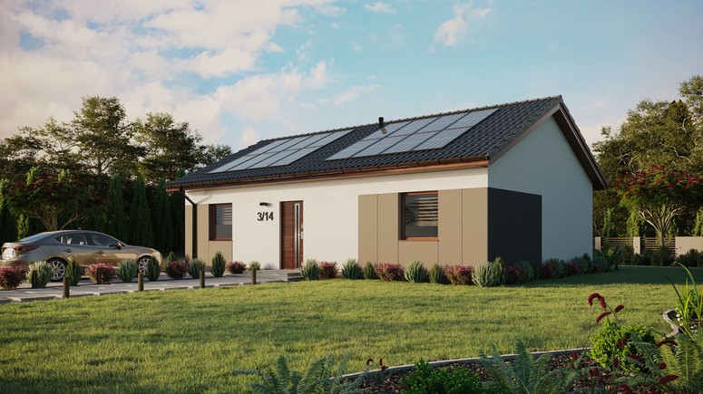ERDOL 2 XL - Version Links (Wohnzimmer auf der linken Seite) - Satteldach ohne ausgebautem Dachboden -Dachneigung  25 Grad - Keine Dachfenster - Standard - Styropor, Netz, Kleber - Nusbaum - Photovoltaik-Installation 6,4 kWp (16 Paneele)