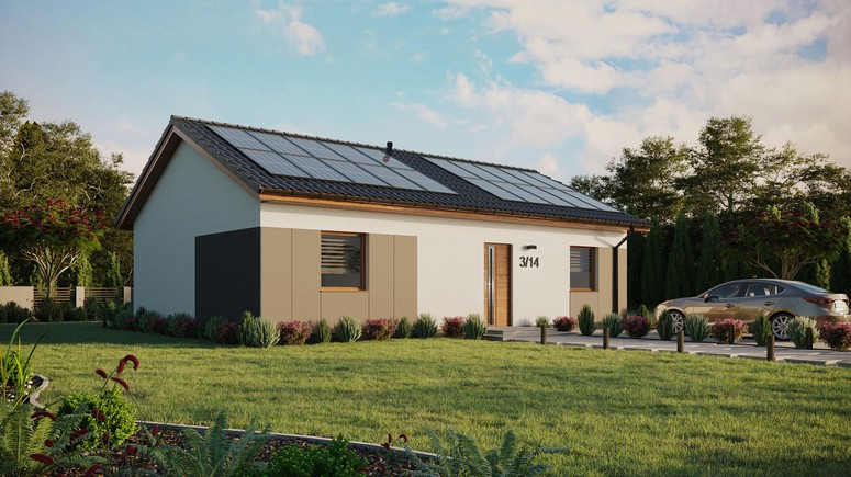 ERDOL 2 XL - Version Rechts (Wohnzimmer auf der rechten Seite) - Satteldach ohne ausgebautem Dachboden -Dachneigung  25 Grad - Keine Dachfenster - Standard - Styropor, Netz, Kleber - Goldene Eiche - Photovoltaik-Installation 8 kWp (20 Paneele)