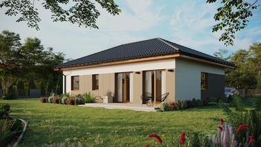 ERDOL 2 XL - Version Links (Wohnzimmer auf der linken Seite) - Walmdach ohne ausgebautem Dachboden - Dachneigung 25 Grad - Keine Dachfenster - Standard - Styropor, Netz, Kleber - Goldene Eiche