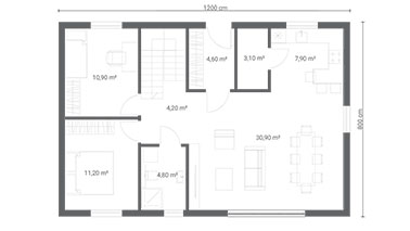 ERDOL 2 XL - Version Links (Wohnzimmer auf der linken Seite) - Treppe in Treppenhaus - Grundriss Erdgeschoss