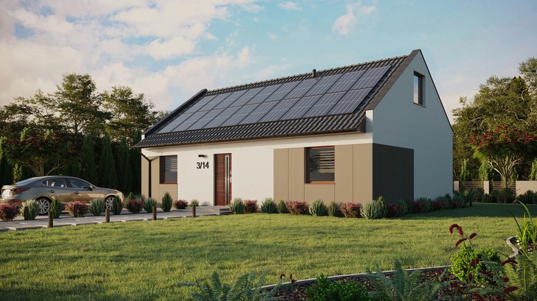 ERDOL 2 XL - Version Links (Wohnzimmer auf der linken Seite) - Modernes Satteldach mit ausgebautem Dachboden -Dachneigung  35 Grad - Zwei-Zimmer-Dachfenster - Standard - Styropor, Netz, Kleber - Nusbaum - Photovoltaik-Installation 8 kWp (20 Paneele)