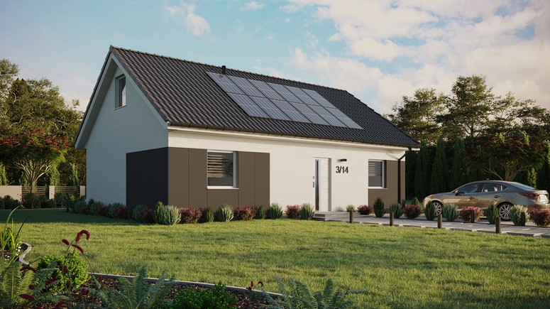 ERDOL 2 XL - Version Rechts (Wohnzimmer auf der rechten Seite) - Satteldach mit ausgebautem Dachboden -Dachneigung  35 Grad - Dachfenster für Zimmer und Badezimmer - Standard - Styropor, Netz, Kleber - Weiß - Photovoltaik-Installation 4,8 kWp (12 Paneele)