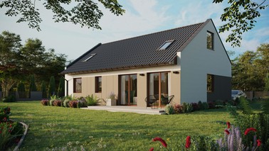 ERDOL 2 XL - Version Links (Wohnzimmer auf der linken Seite) - Modernes Satteldach mit ausgebautem Dachboden -Dachneigung  35 Grad - Zwei-Zimmer-Dachfenster - Standard - Styropor, Netz, Kleber - Nusbaum - Ohne