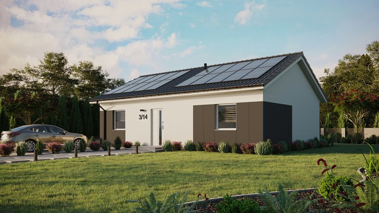 ERDOL 2 XL - Version Links (Wohnzimmer auf der linken Seite) - Satteldach ohne ausgebautem Dachboden -Dachneigung  25 Grad - Keine Dachfenster - Standard - Styropor, Netz, Kleber - Weiß - Photovoltaik-Installation 8 kWp (20 Paneele)