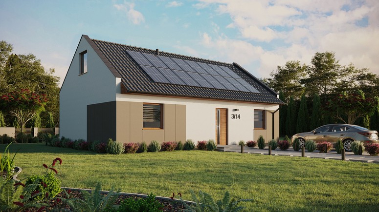 ERDOL 2 XL - Version Rechts (Wohnzimmer auf der rechten Seite) - Modernes Satteldach mit ausgebautem Dachboden -Dachneigung  35 Grad - Dachfenster für Zimmer und Badezimmer - Standard - Styropor, Netz, Kleber - Goldene Eiche - Photovoltaik-Installation 6,4 kWp (16 Paneele)