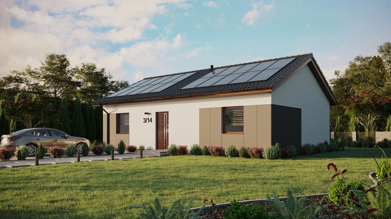 ERDOL 2 XL - Version Links (Wohnzimmer auf der linken Seite) - Satteldach ohne ausgebautem Dachboden -Dachneigung  25 Grad - Keine Dachfenster - Standard - Styropor, Netz, Kleber - Nusbaum - Photovoltaik-Installation 8 kWp (20 Paneele)