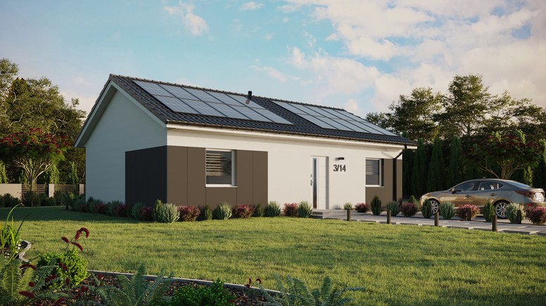 ERDOL 2 XL - Version Rechts (Wohnzimmer auf der rechten Seite) - Satteldach ohne ausgebautem Dachboden -Dachneigung  25 Grad - Keine Dachfenster - Standard - Styropor, Netz, Kleber - Weiß - Photovoltaik-Installation 8 kWp (20 Paneele)