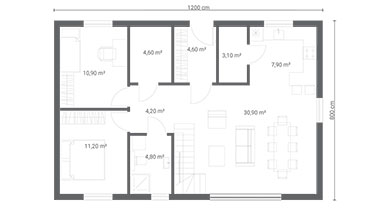 ERDOL 2 XL - Version Links (Wohnzimmer auf der linken Seite) - Treppe im Wohnzimmer - Grundriss Erdgeschoss