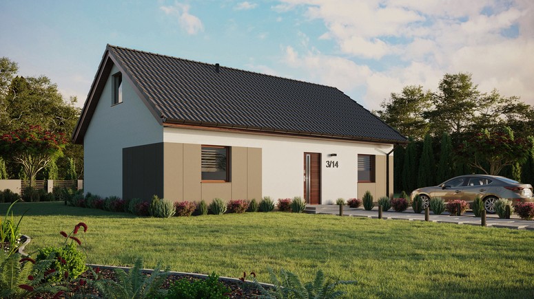 ERDOL 2 XL - Version Rechts (Wohnzimmer auf der rechten Seite) - Satteldach mit ausgebautem Dachboden -Dachneigung  35 Grad - Keine Dachfenster - Standard - Styropor, Netz, Kleber - Nusbaum - Ohne