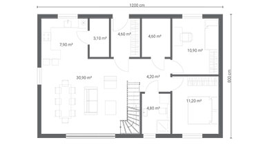 ERDOL 2 XL - Version Rechts (Wohnzimmer auf der rechten Seite) - Treppe im Wohnzimmer - Grundriss Erdgeschoss