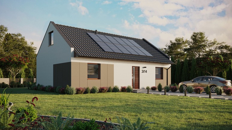 ERDOL 2 XL - Version Rechts (Wohnzimmer auf der rechten Seite) - Modernes Satteldach mit ausgebautem Dachboden -Dachneigung  35 Grad - Keine Dachfenster - Standard - Styropor, Netz, Kleber - Nusbaum - Photovoltaik-Installation 4,8 kWp (12 Paneele)