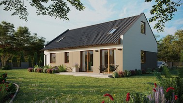 ERDOL 2 XL - Version Links (Wohnzimmer auf der linken Seite) - Modernes Satteldach mit ausgebautem Dachboden -Dachneigung  35 Grad - Zwei-Zimmer-Dachfenster - Standard - Styropor, Netz, Kleber - Goldene Eiche - Ohne