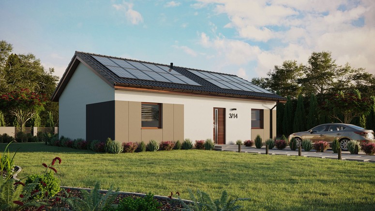 ERDOL 2 XL - Version Rechts (Wohnzimmer auf der rechten Seite) - Satteldach ohne ausgebautem Dachboden -Dachneigung  25 Grad - Keine Dachfenster - Standard - Styropor, Netz, Kleber - Nusbaum - Photovoltaik-Installation 8 kWp (20 Paneele)