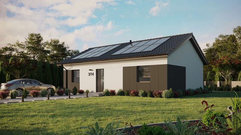 ERDOL 2 XL - Version Links (Wohnzimmer auf der linken Seite) - Satteldach ohne ausgebautem Dachboden -Dachneigung  25 Grad - Keine Dachfenster - Standard - Styropor, Netz, Kleber - Anthrazit - Photovoltaik-Installation 6,4 kWp (16 Paneele)