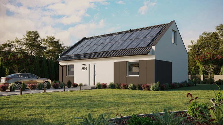 ERDOL 2 XL - Version Links (Wohnzimmer auf der linken Seite) - Modernes Satteldach mit ausgebautem Dachboden -Dachneigung  35 Grad - Zwei-Zimmer-Dachfenster - Standard - Styropor, Netz, Kleber - Weiß - Photovoltaik-Installation 8 kWp (20 Paneele)