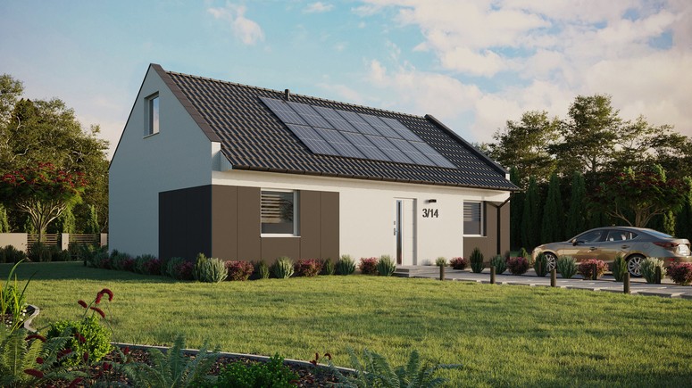 ERDOL 2 XL - Version Rechts (Wohnzimmer auf der rechten Seite) - Modernes Satteldach mit ausgebautem Dachboden -Dachneigung  35 Grad - Keine Dachfenster - Standard - Styropor, Netz, Kleber - Weiß - Photovoltaik-Installation 4,8 kWp (12 Paneele)